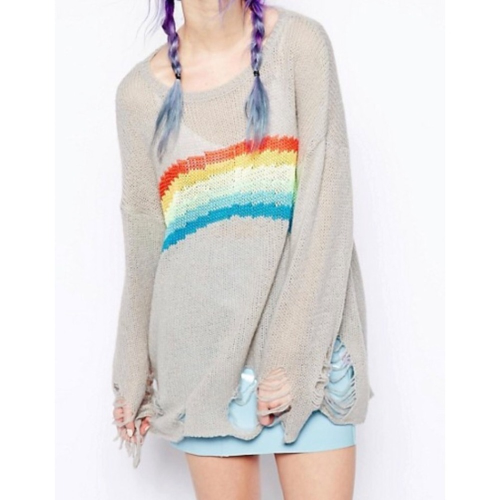 Wildfox White Label Oversized Rainbow Thrashed Distressed‎ Sweater XS "Lennon"